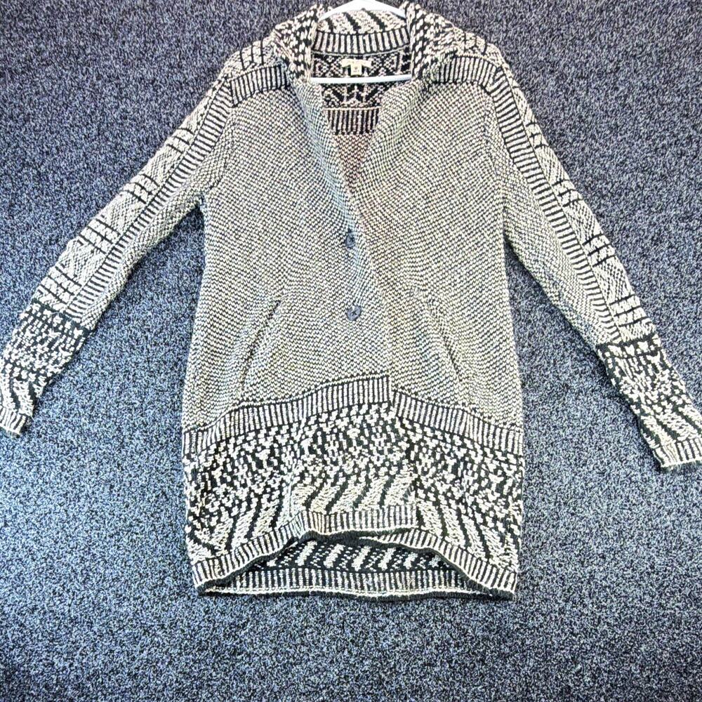 Lucky Brand Women's Black/White Geometric Knit V-Neck Button Cardigan Sweater M